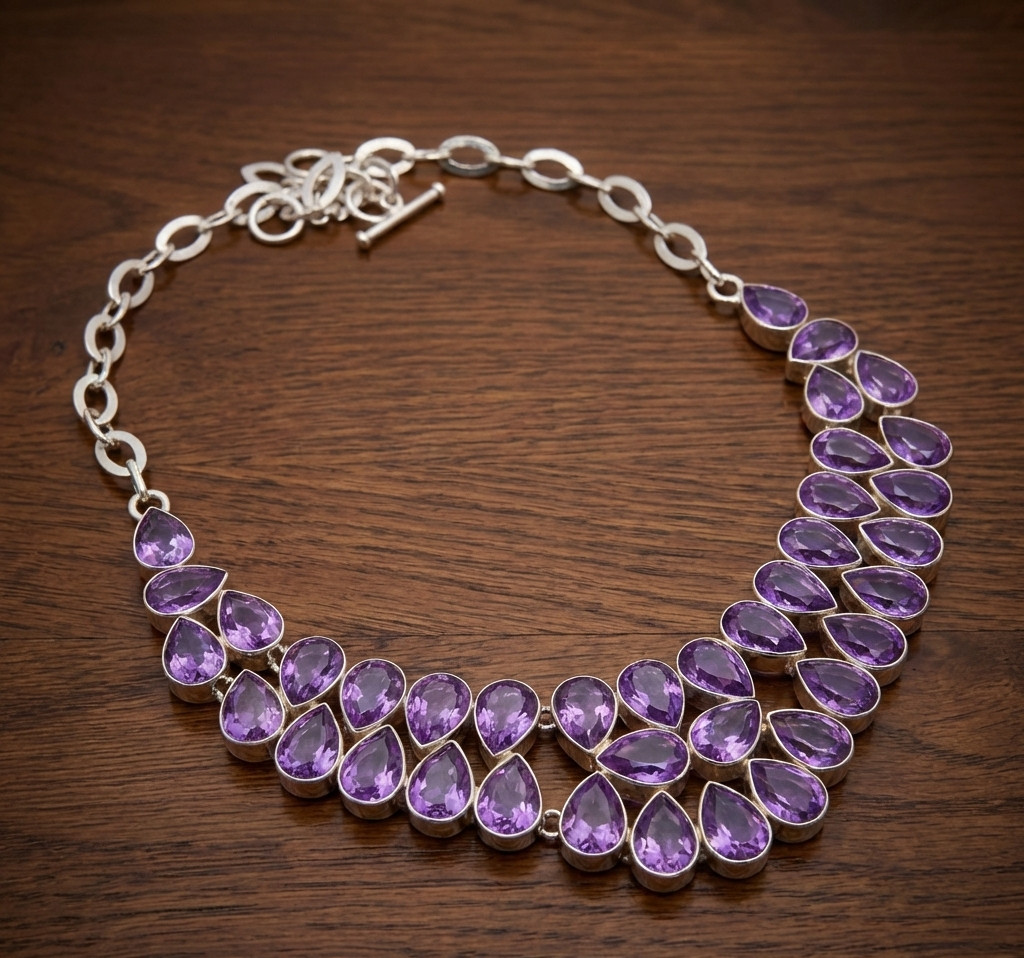 Purple Amethyst Gemstone Necklace 925 Sterling Silver Handmade Jewelry S-18 in