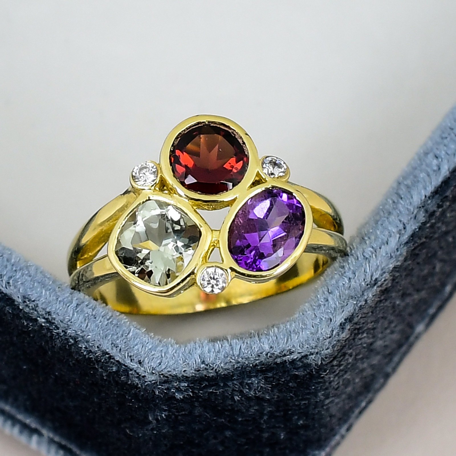 Garnet,Amethyst ,Green Amethyst Ring 18K Gold Plated 925 Silver Three Stone