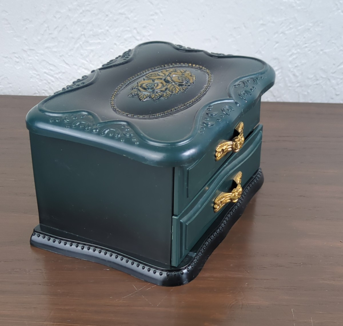 Plastic Table Top Dresser Drawer Jewelry Box Dark Green Gold Florals Paisley Fab