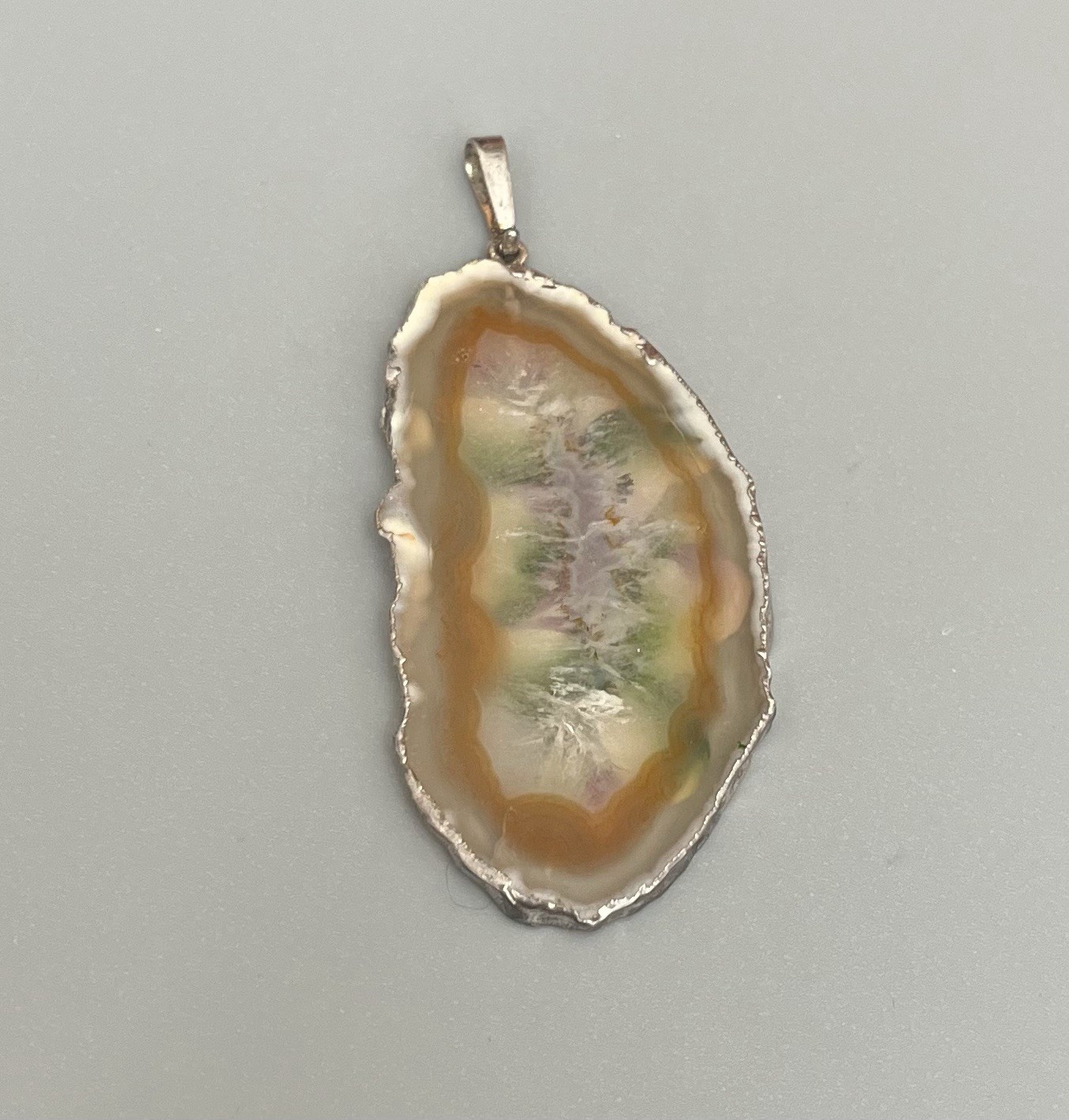 Vintage Hand Painted Translucent Agate Slice Pendant Purple Flowers Silver Tone