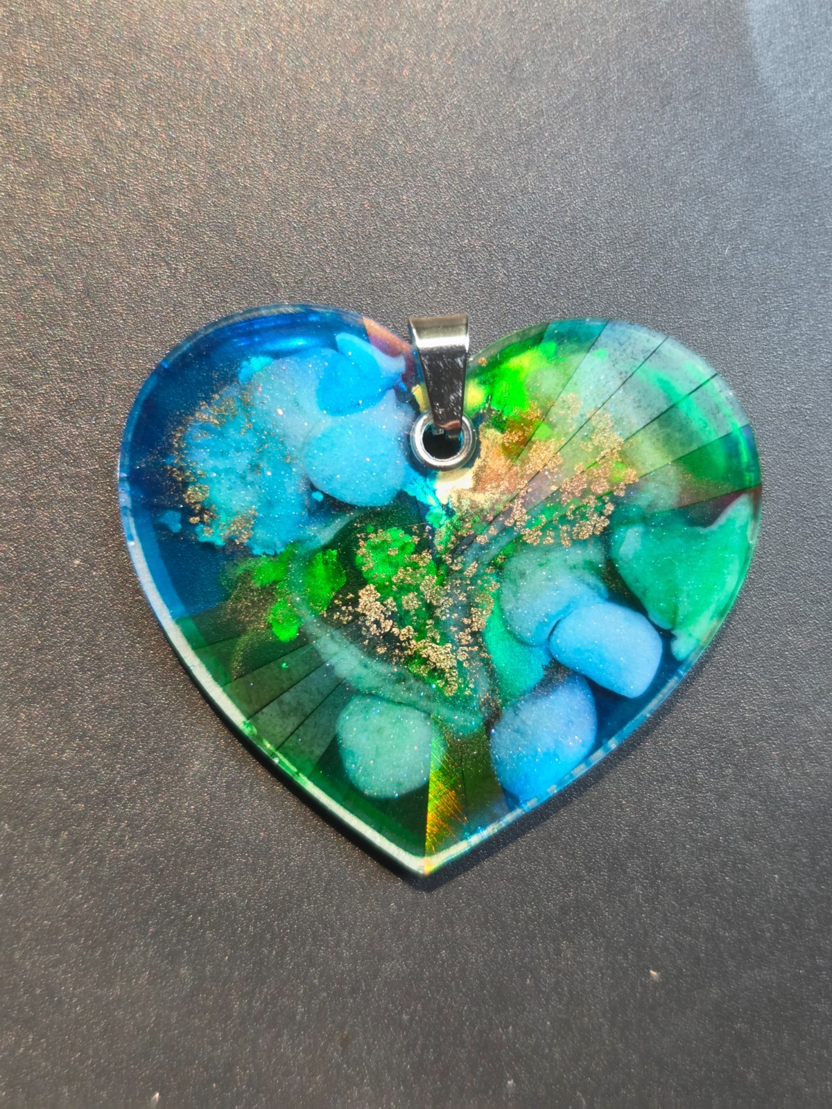 Holographic Nebula Heart Pendant Necklace Blue Green Gold OOAK N107