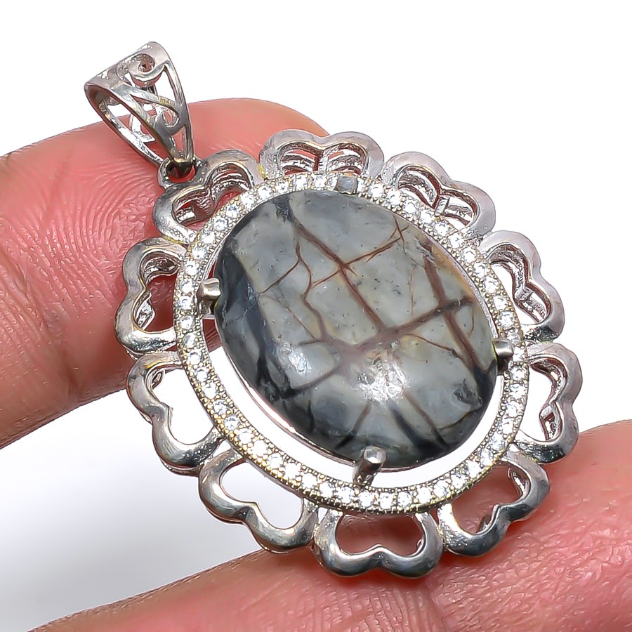 Picasso Jasper 925 Silver Plated Rhodium Plated Pendant 1.56″ T0