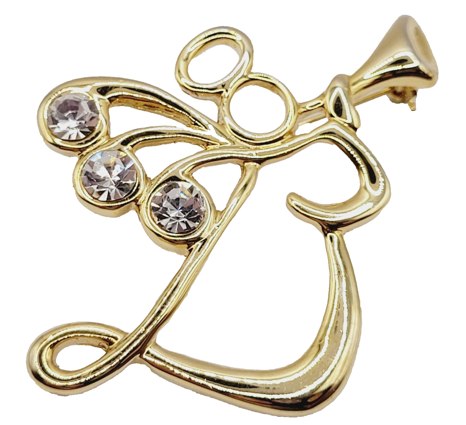 Angel Blowing Trumpet Rhinestone Tipped Wings Shiny Gold Tone Vintage Brooch Pin