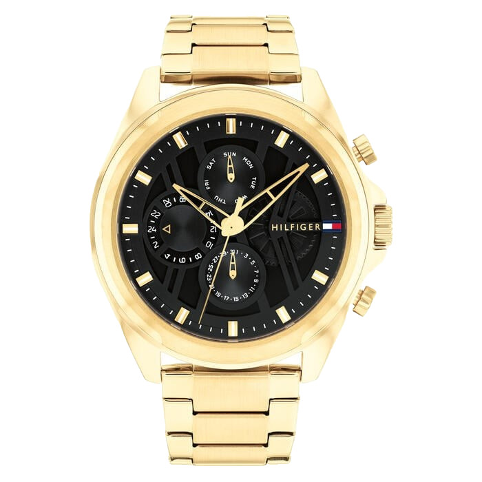 TOMMY HILFIGER JAX CHRONOGRAPH 1710658 BLACK DIAL GOLD BRACELET 48MM MENS WATCH