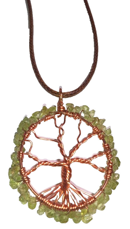 Handcrafted Wire Wrapped Tree of Life Peridot Round Pendant Necklace 19.5″