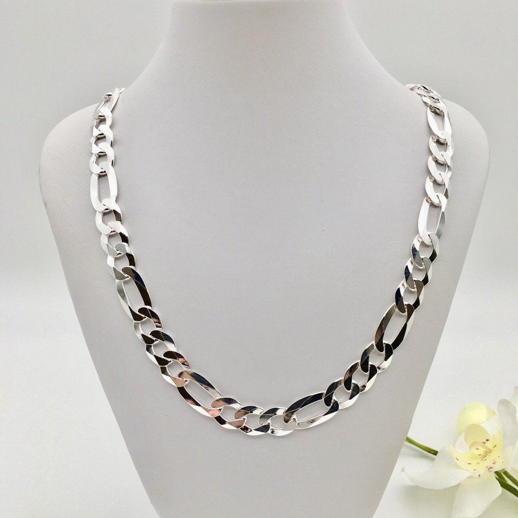 Real Sterling Silver Mens Figaro Chain Necklace 8.60mm- Italian – All Sizes