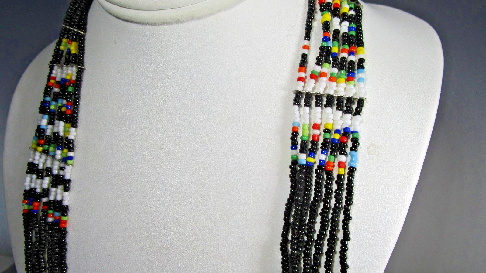 Southwestern 7 Stand Micro Multi Color Black Seed Bead Boho Necklace 28″