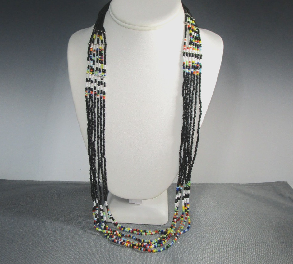 Southwestern 7 Stand Micro Multi Color Black Seed Bead Boho Necklace 28″