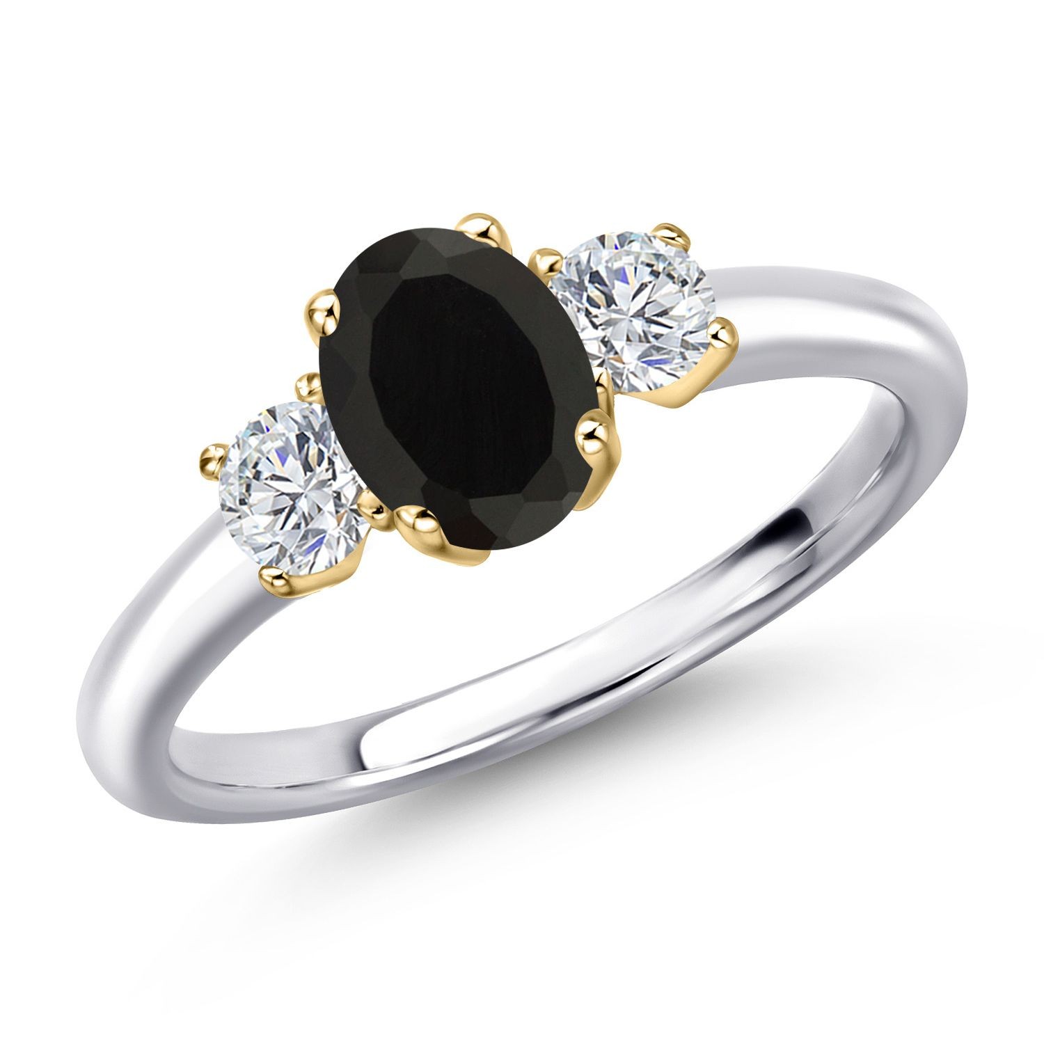 925 Silver and 10K Yellow Gold Onyx and Lab Grown Diamond Engagement Ring For