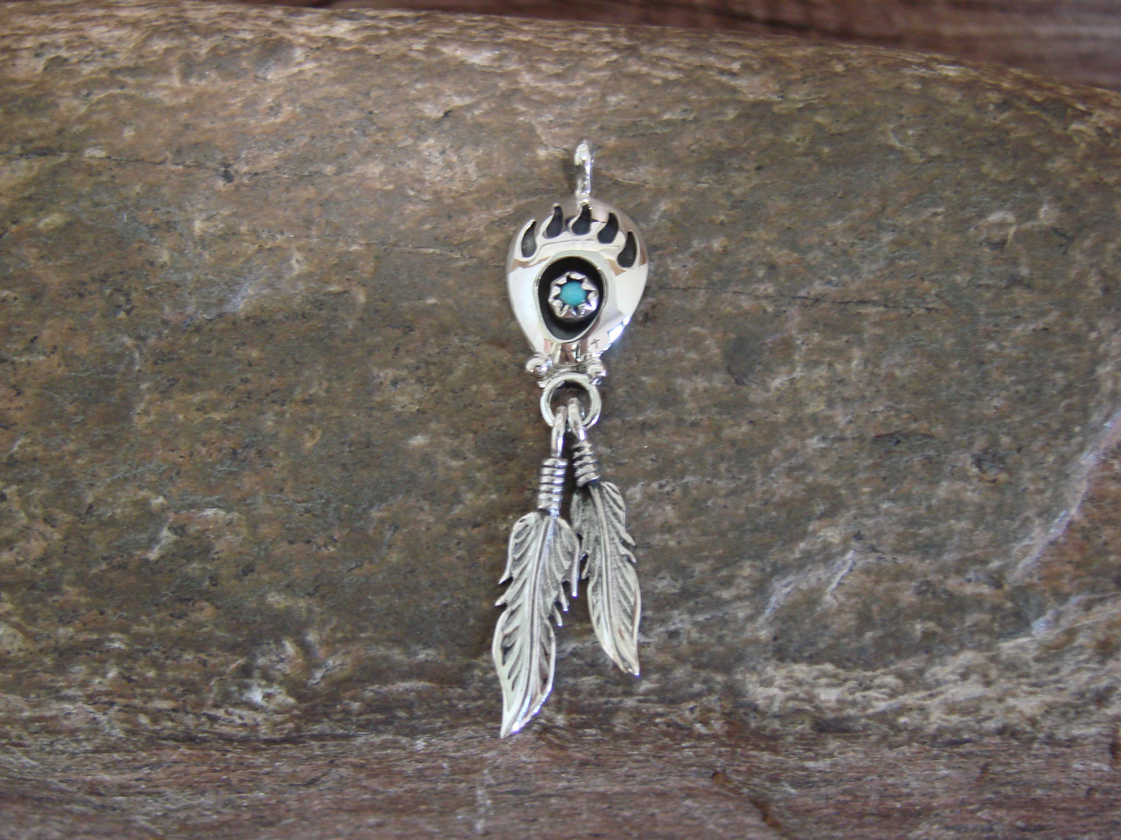 Native American Sterling Silver Turquoise Bear Paw Feather Pendant – Spencer