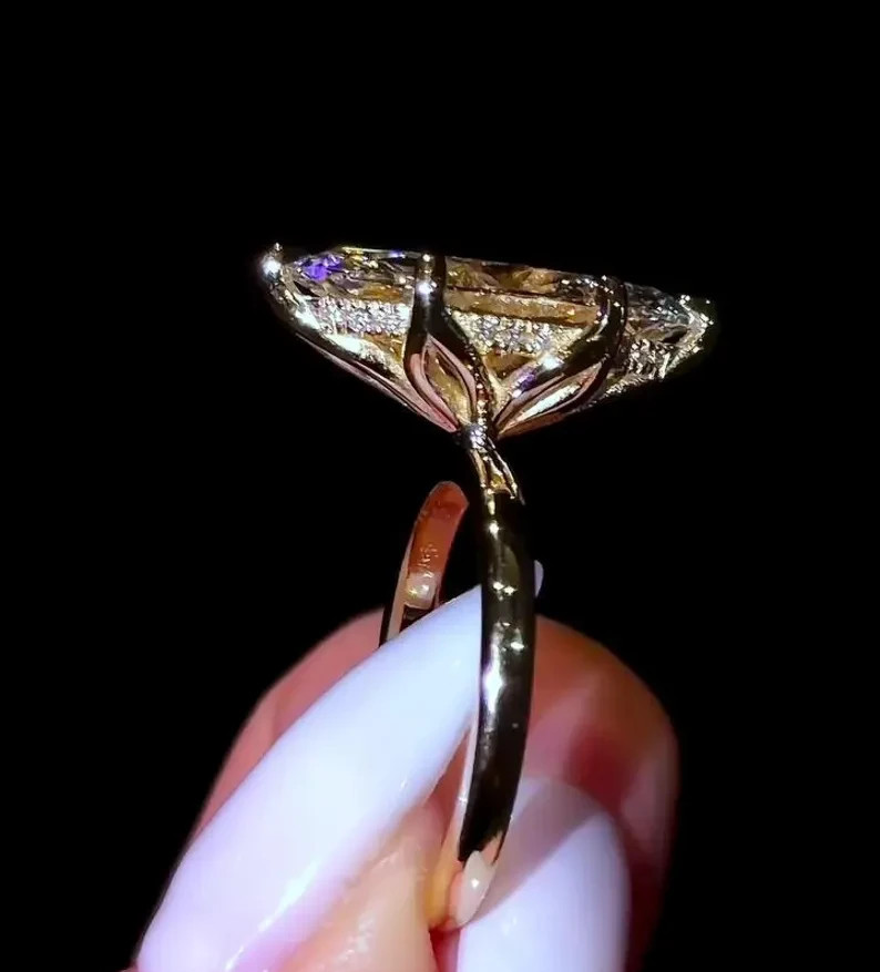Lab Grown Diamond Marquise 3.2Ct EF/VS2 Hidden Halo Wedding Ring 14K Yellow Gold