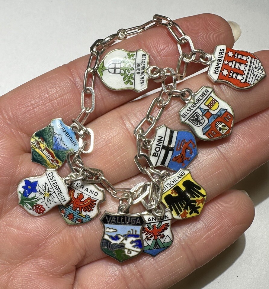 Vintage Silver 800 10 Dangle Enamel European City Shield Charm 6.5″ Bracelet DA5
