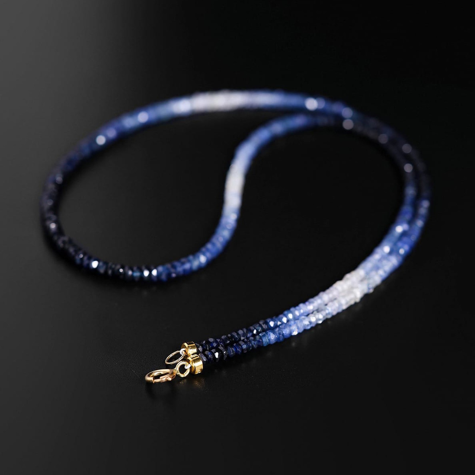 18K Gold Ombre Sapphire Choker, Gradient Blue Beaded Necklace, Gift for Her