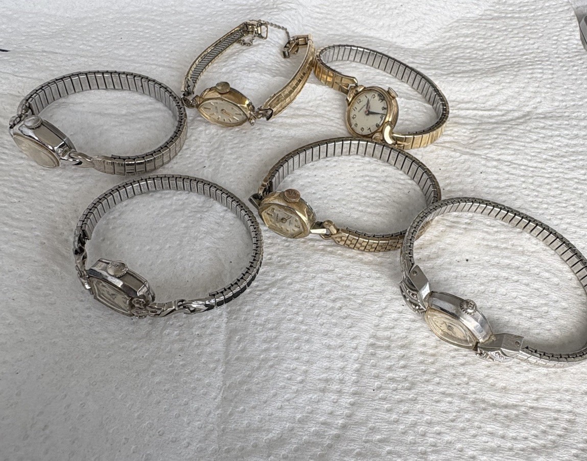 VTG Lot Of 6 Watch Gruen, Bolivia, Elgin,Waltham, Caravelle, Diamond Chips 10krg