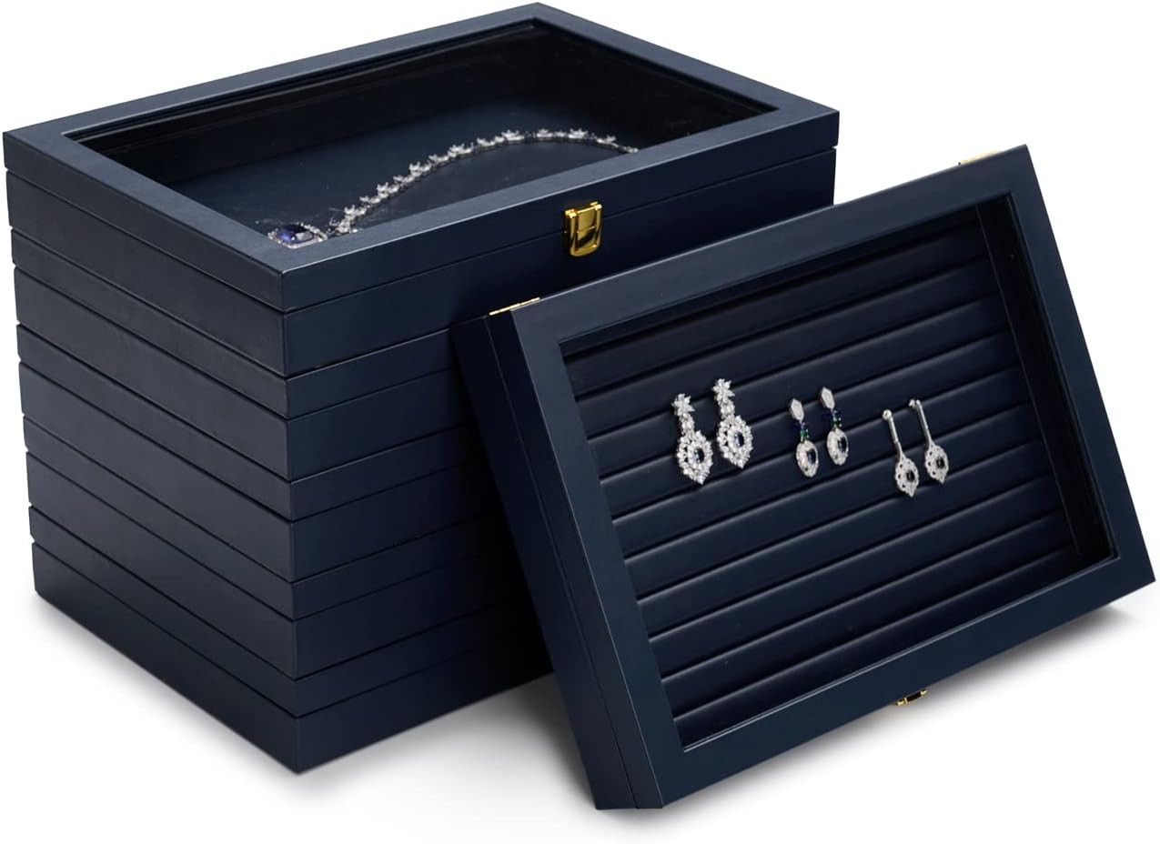 Premium Blue Leather Jewelry Tray with 24 Grid Removable Jewelry Cards Jewelry O