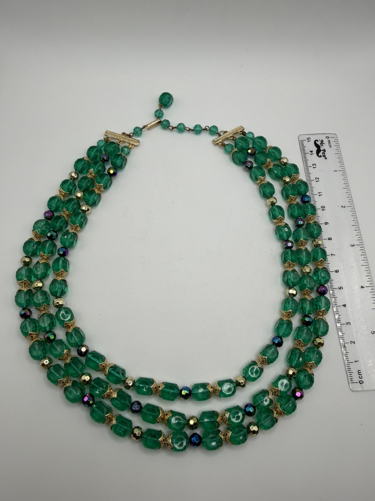 Hong Kong Vintage Vibrant Green Bead Triple Strand Necklace~Signed