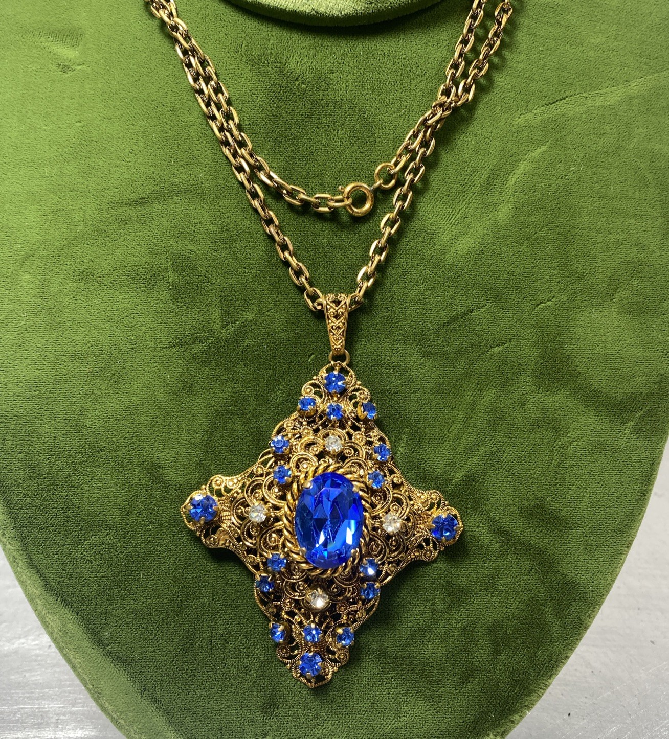VTG West Germany Blue Rhinestone Filigree Pendant 26″ Necklace 3.25″ Czech Glass