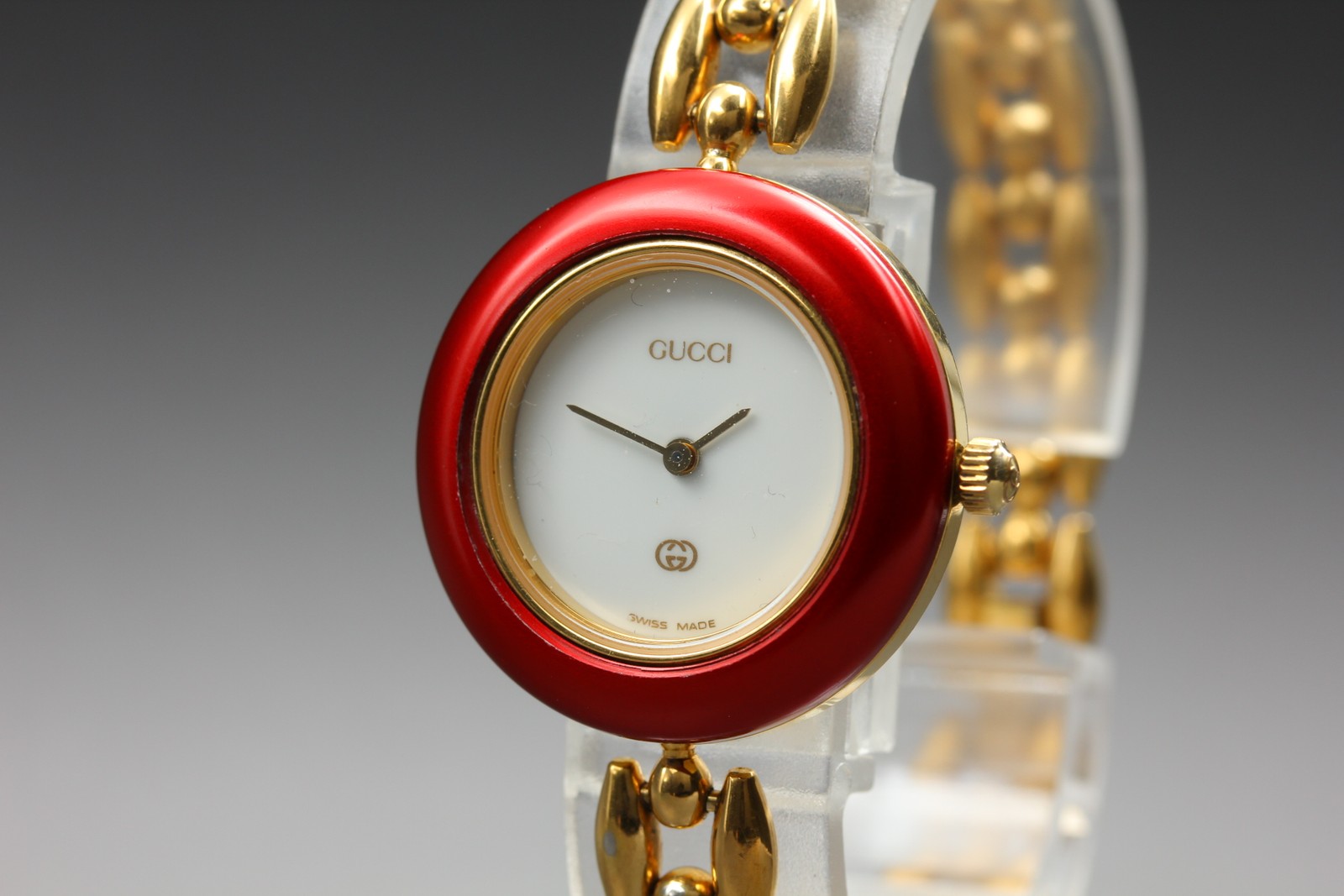 [Exc+5] Vintage Gucci 1100L Change Bezel Red Gold Bangle Quartz Women’s Watch