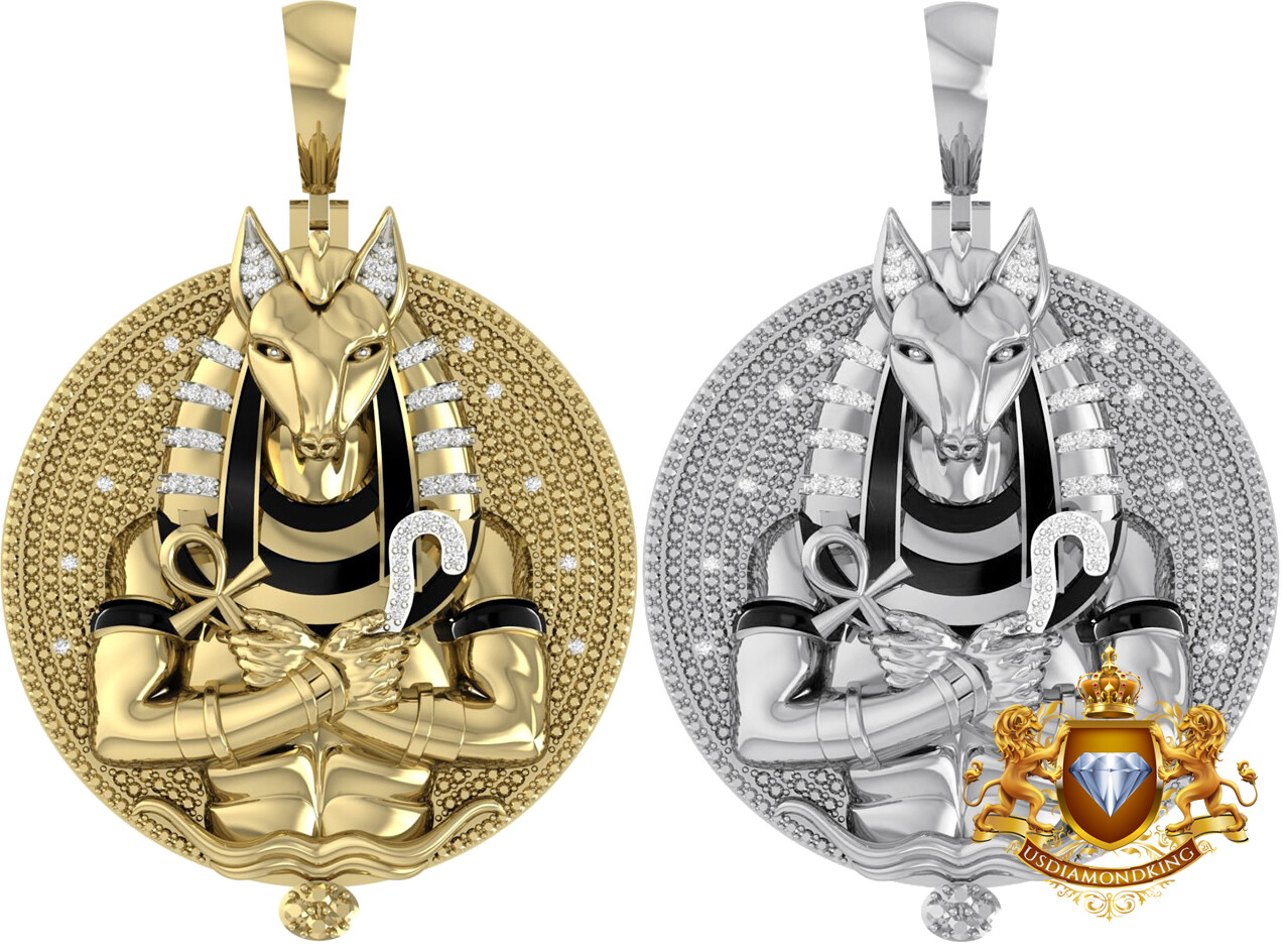 XL3” Real Diamond Egyptian Anubis Pharaoh Charm 10K Gold Over Pendent 34+ Grams