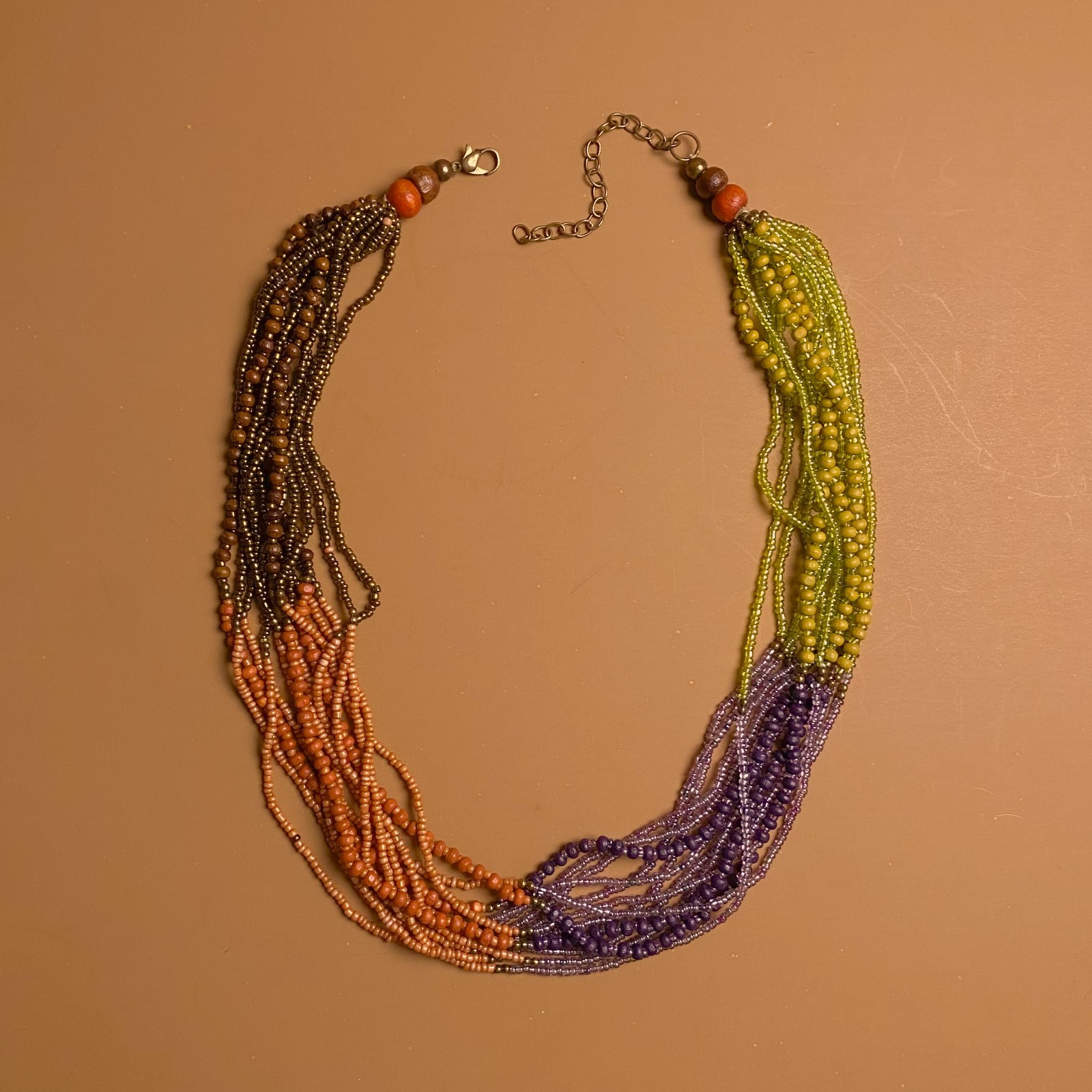 Tribal Boho Earth Tone Multi Strand Glass Wood Seed Beaded Torsade Necklace