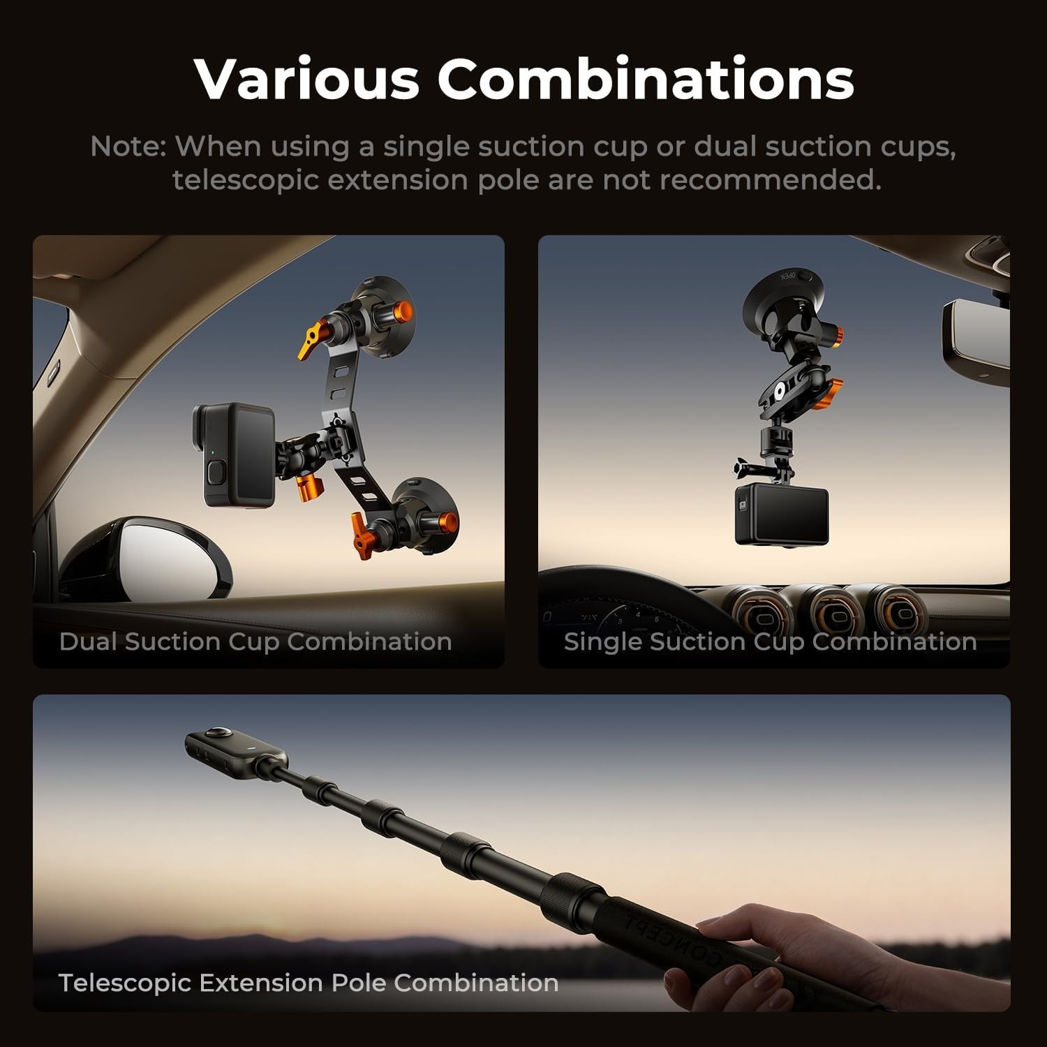 Triple Suction Cup Car Mount for Camera, Heavy Duty 3-in-1 Kit with 15° Curved