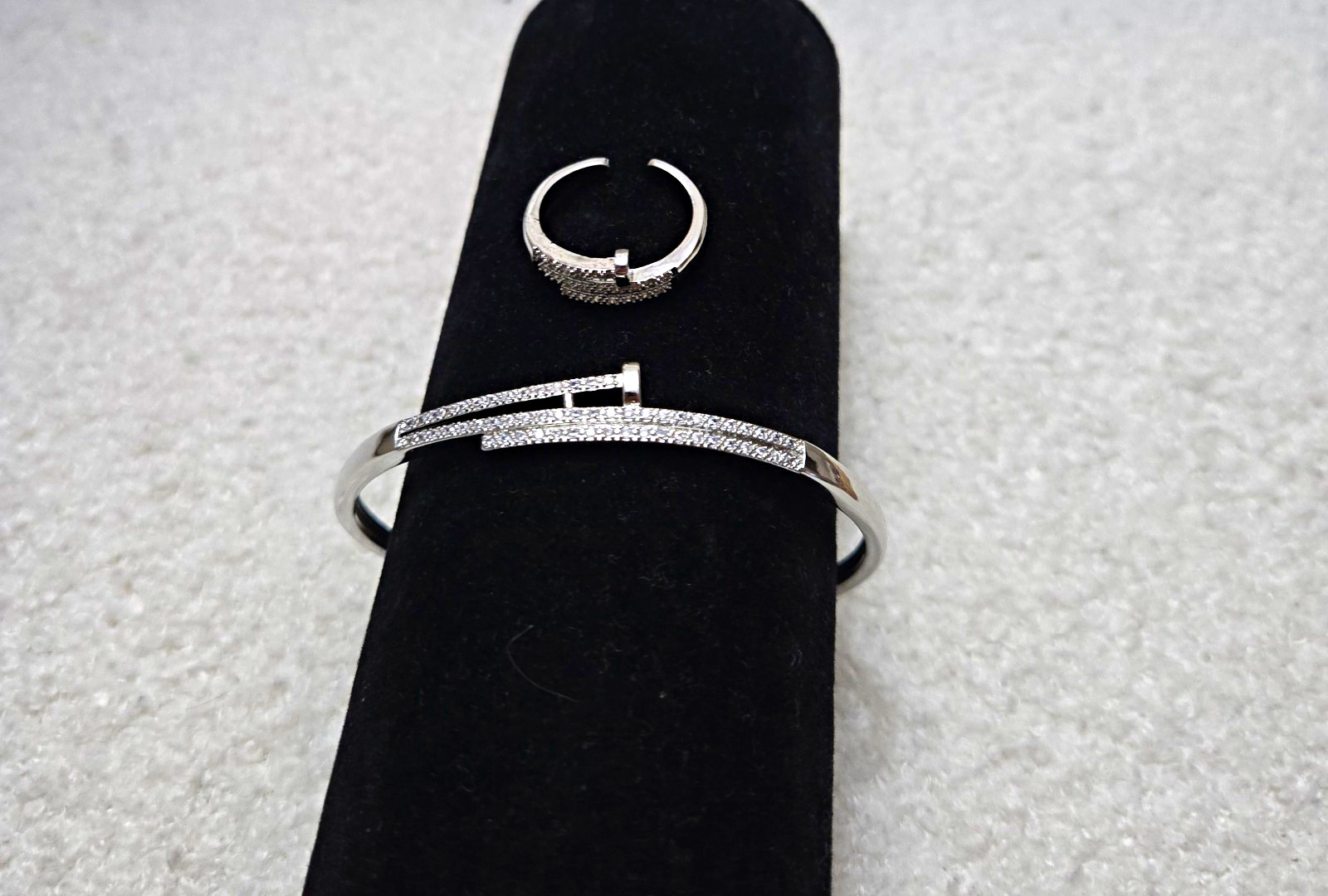 Silver Tone Pavé Rhinestone Cuff Bangle Bracelet, Stackable + Matching Ring