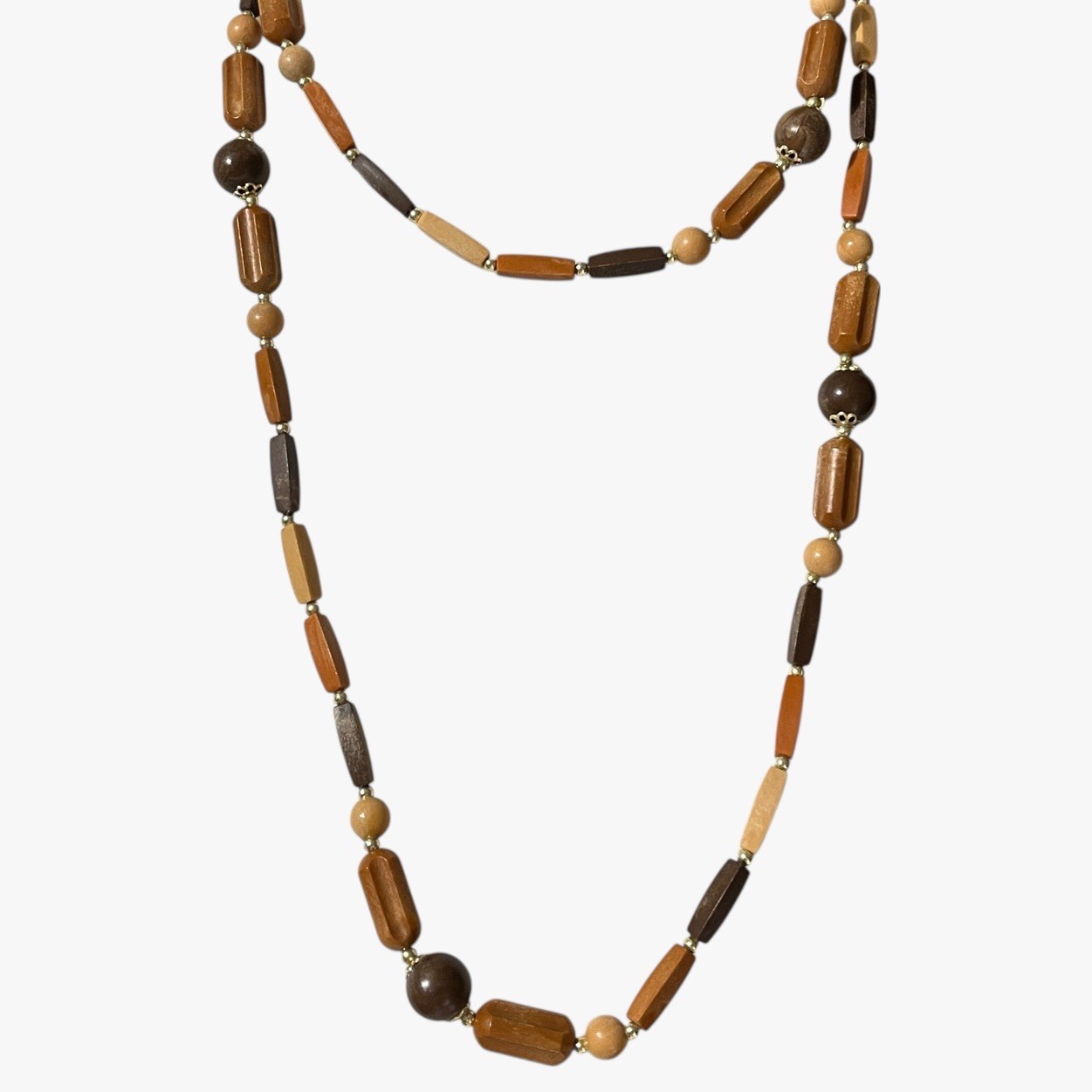 VTG Necklace Wood Grain Plastic Beads Brown Earth Tone Boho Layering Strand 46”