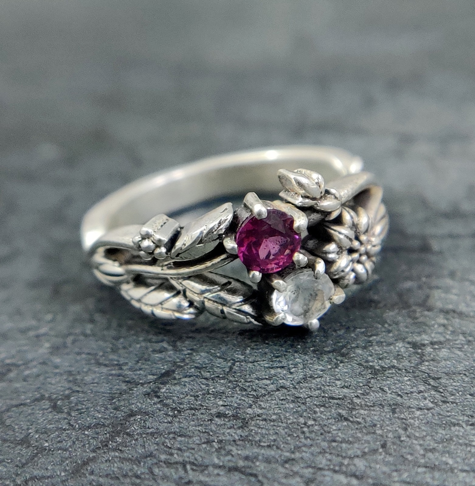Nature Garnet Rainbow Moonstone 925 Silver Leaf Vine Floral Ring Wedding Band