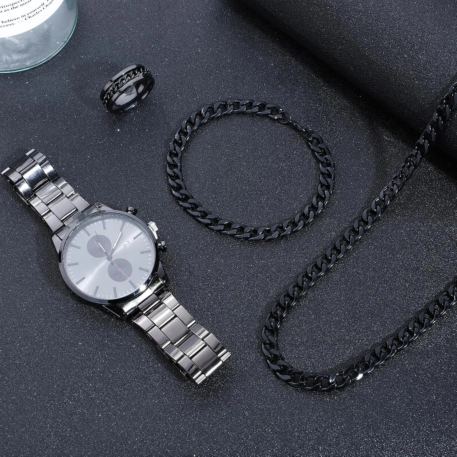 NEWITIN 4 Pieces Black Jewelry Set for Men Stainless Steel Watch Necklace Bracel