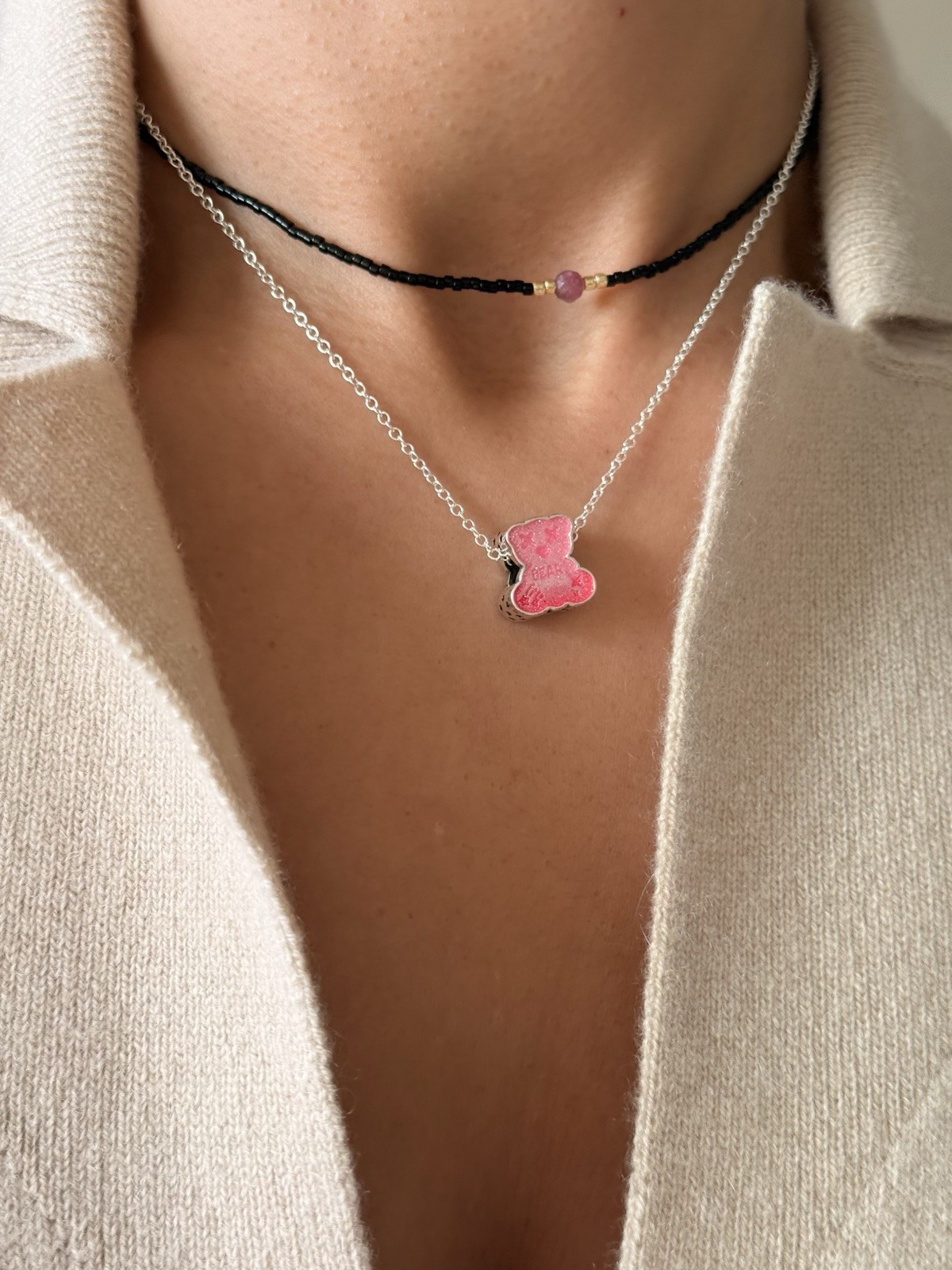 Authentic Sterling Silver 925 Pink teddy bear Necklace 🦋