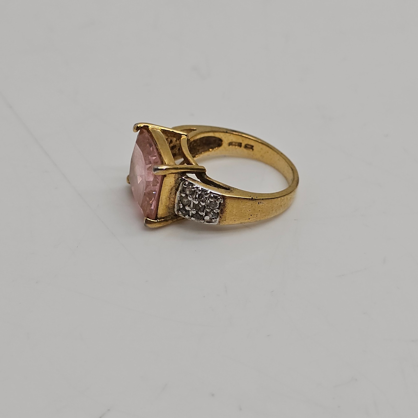 Sterling Silver 925 Ring Large Square Pink Gem Size 6.75 7.69g Gold Tone