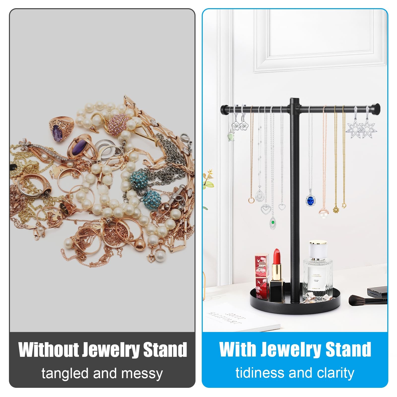 Organizador de joyas y collares, de metal resistente y de 32 cm de alto.