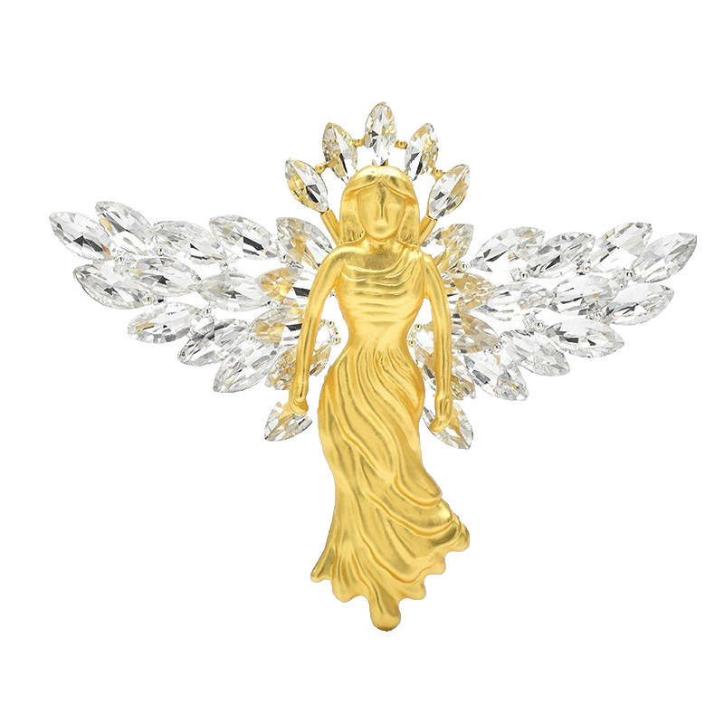 Crystal Angel Brooch Gold Tone Rhinestone Wing Pin Statement Lapel Gift Jewelry