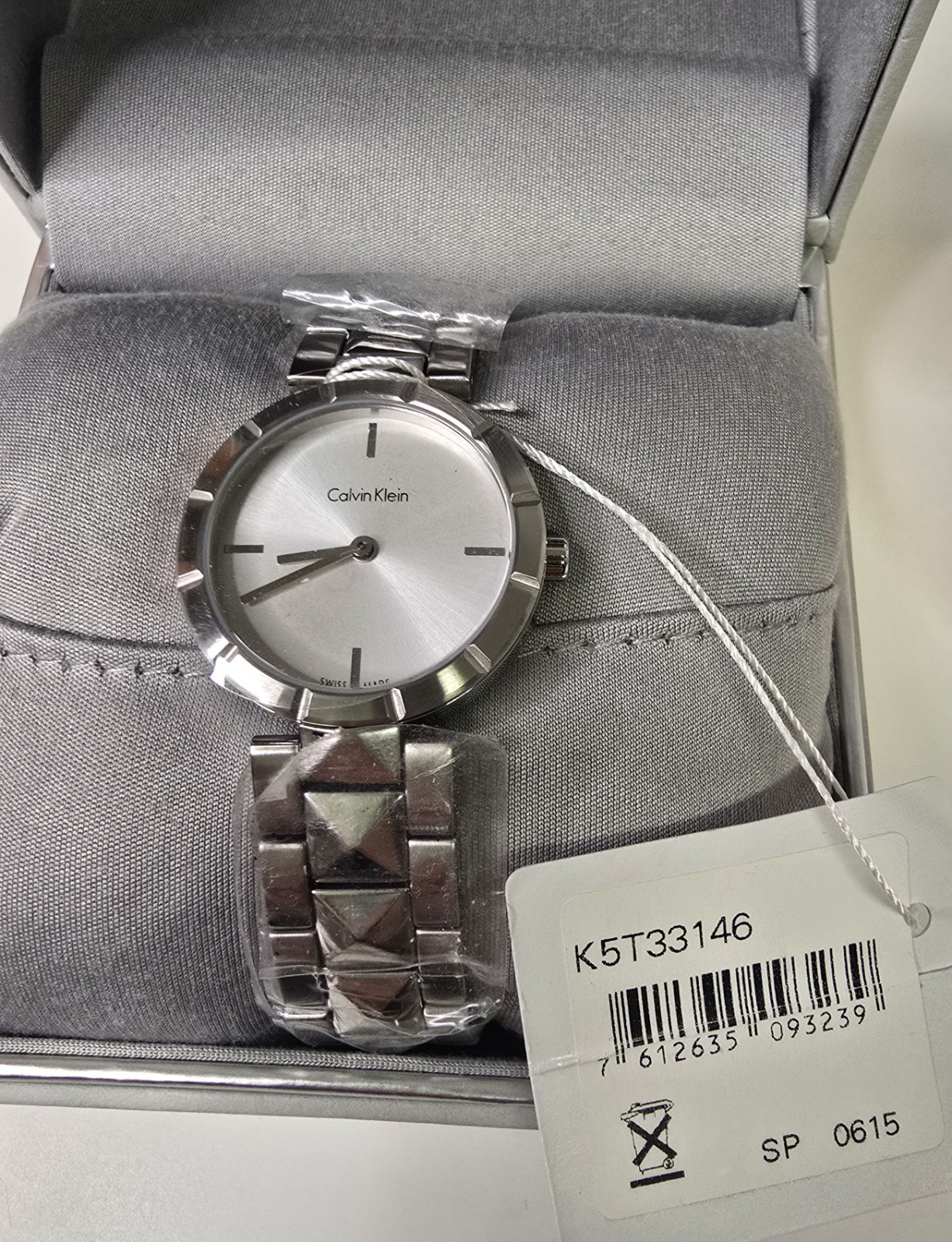Womens Calvin Klein Swiss Stainless Steel Watch Silver Pyramid Studded K5T33146