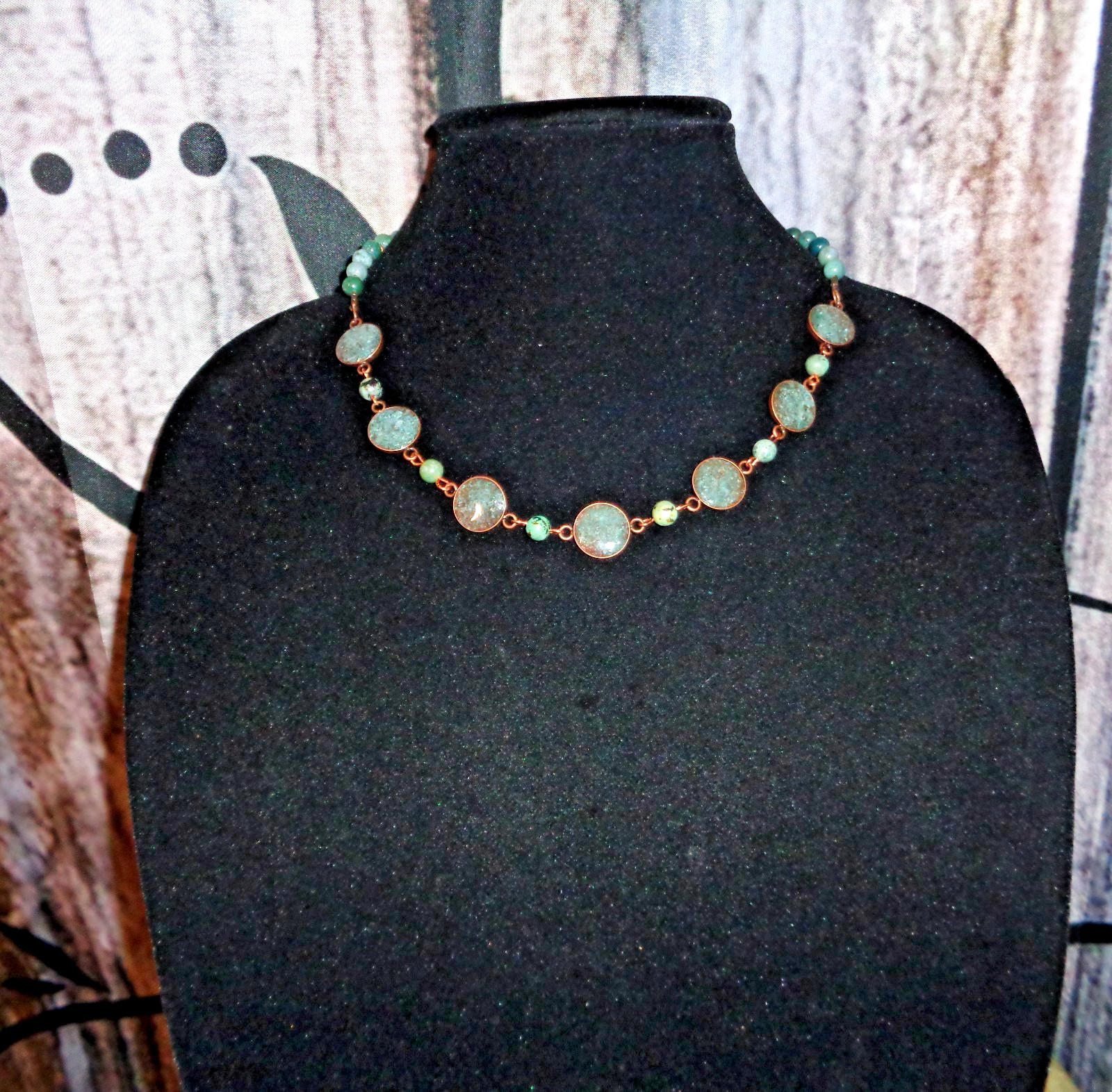 Artisan crafted, 19” crushed apatite in resin necklace, with agate connectors, a