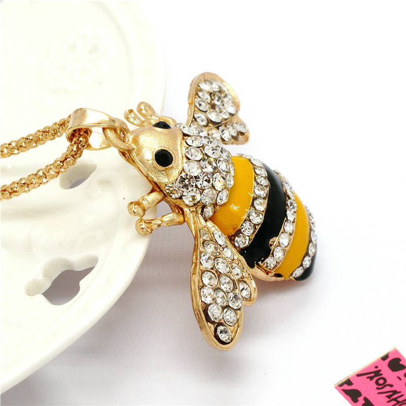 Fashion Women Yellow Enamel Cute Bee Honey Crystal Pendant Chain Necklace