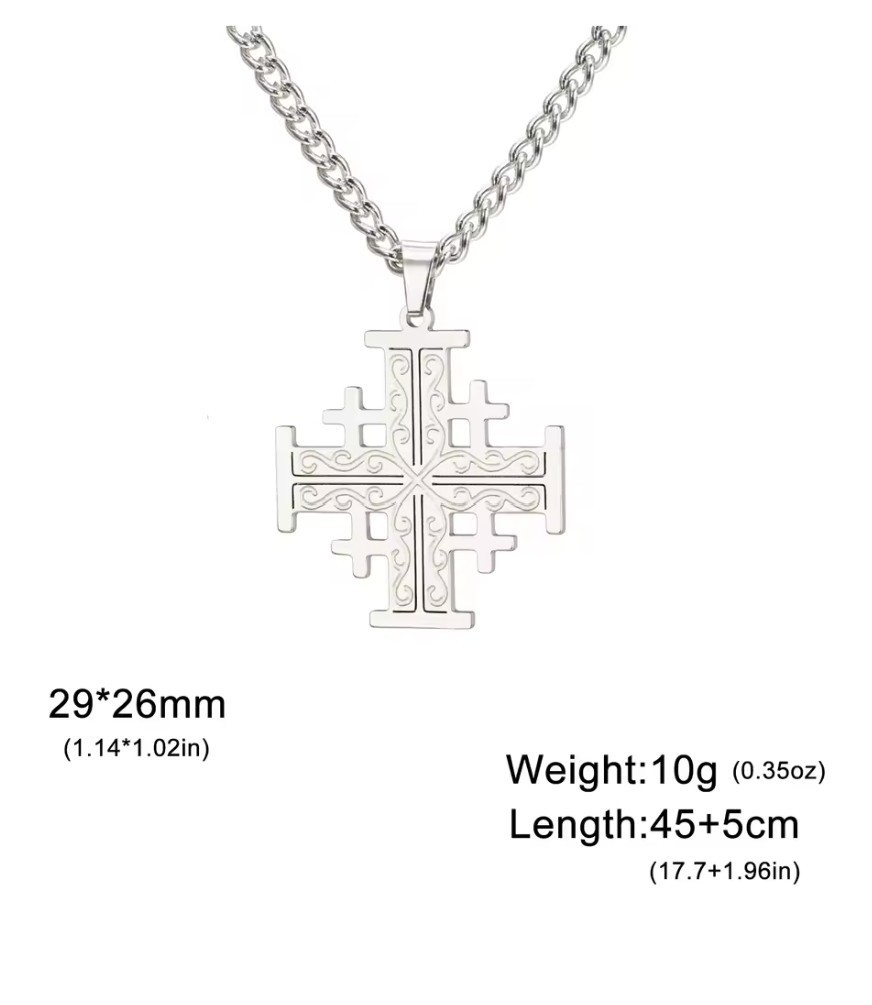 Stainless Steel Jerusalem Cross pendant + 45cm (17.7in) chain plus 2in extender