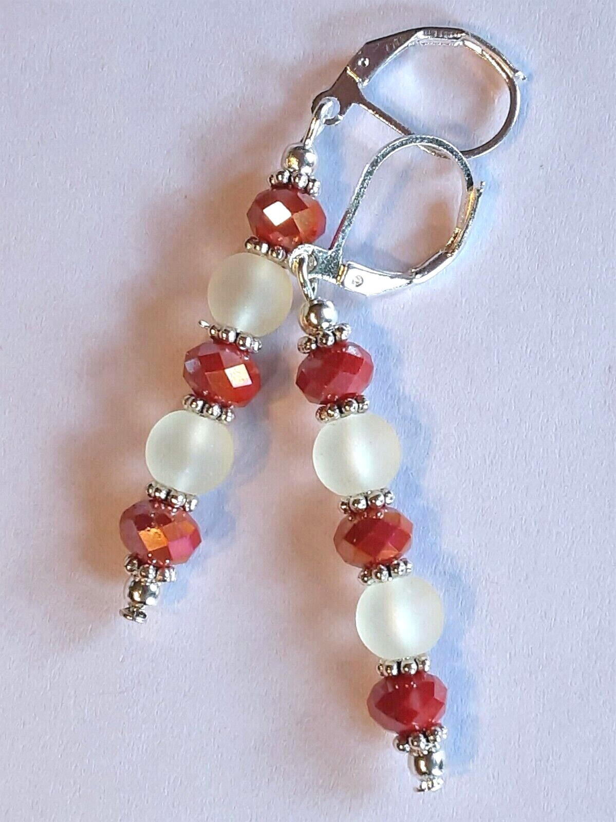 FACETED & FROSTED red and white drop earring SP LEVERBACK HANDCRAFTED #300-15