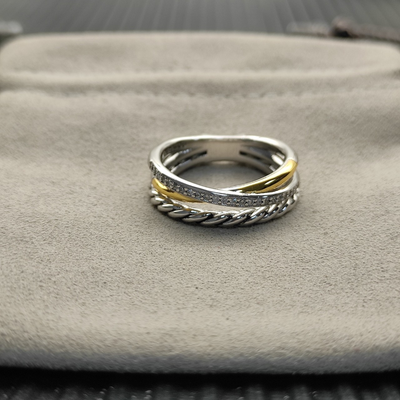 David Yurman 7mm Crossover Three Row Ring Silver with 18K Gold W/Diamonds Size 7