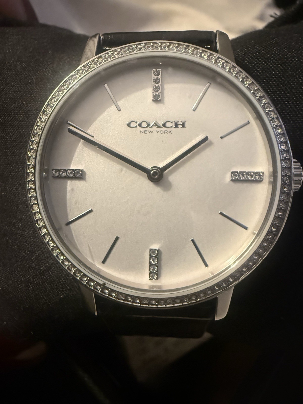 COACH Audrey Silver 36mm White Dial w/Crystals & Black Band Quartz Lady’s Watch