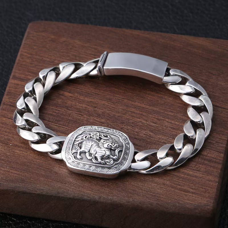 Pure S925 Sterling Silver Men Chain Ethnic Pixiu Cuban Link Bracelet 46-47g