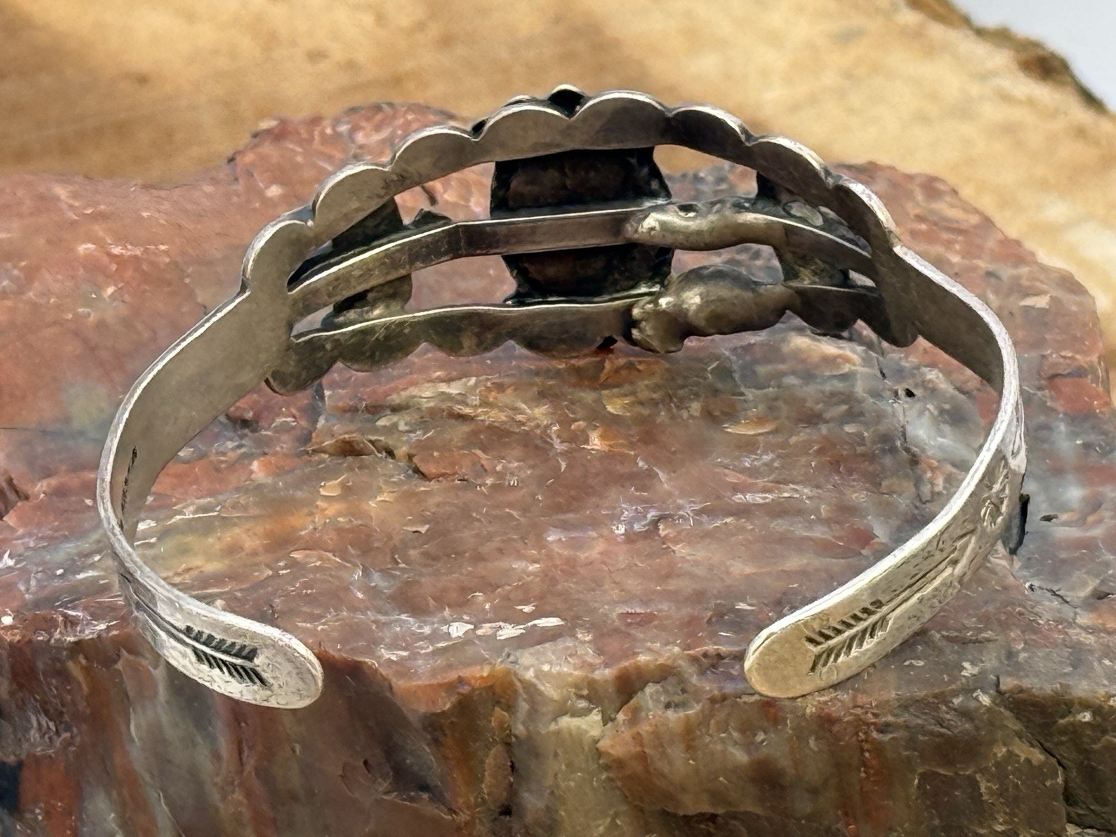 Vintage Navajo Fred Harvey Era Coin Silver Turquoise Stamped Cuff–1723.26
