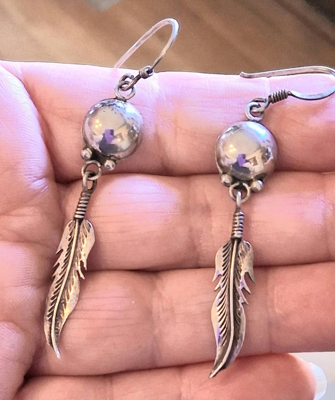 Indian Sterling Silver Long Feather & Domed Round Moon Earrings!