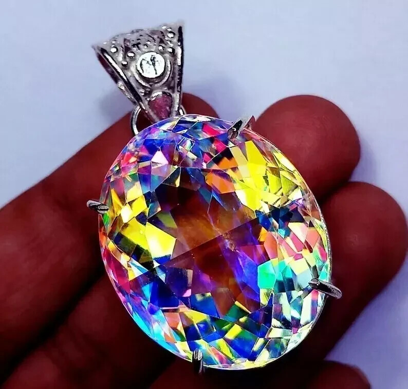 Natural Oval Mystic Topaz 98.15 Ct+ 925 Solid Silver Rainbow Pendant Gemstone