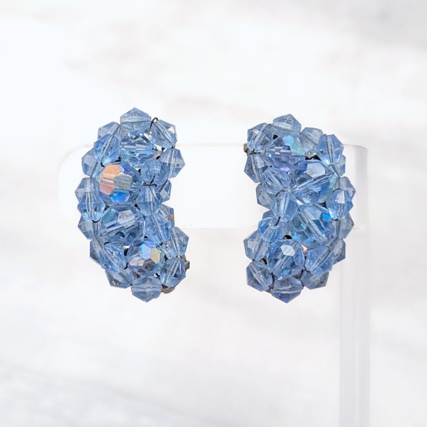 Vintage Clip On Earrings Kidney Bean Shape Large Blue Beaded Statement 1 & 3/8″