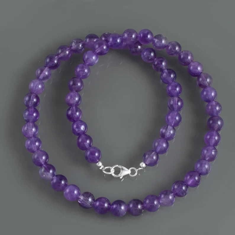 Natural Purple Amethyst 8mm Round Beaded Necklace 925 Silver Handmade Gift 18″