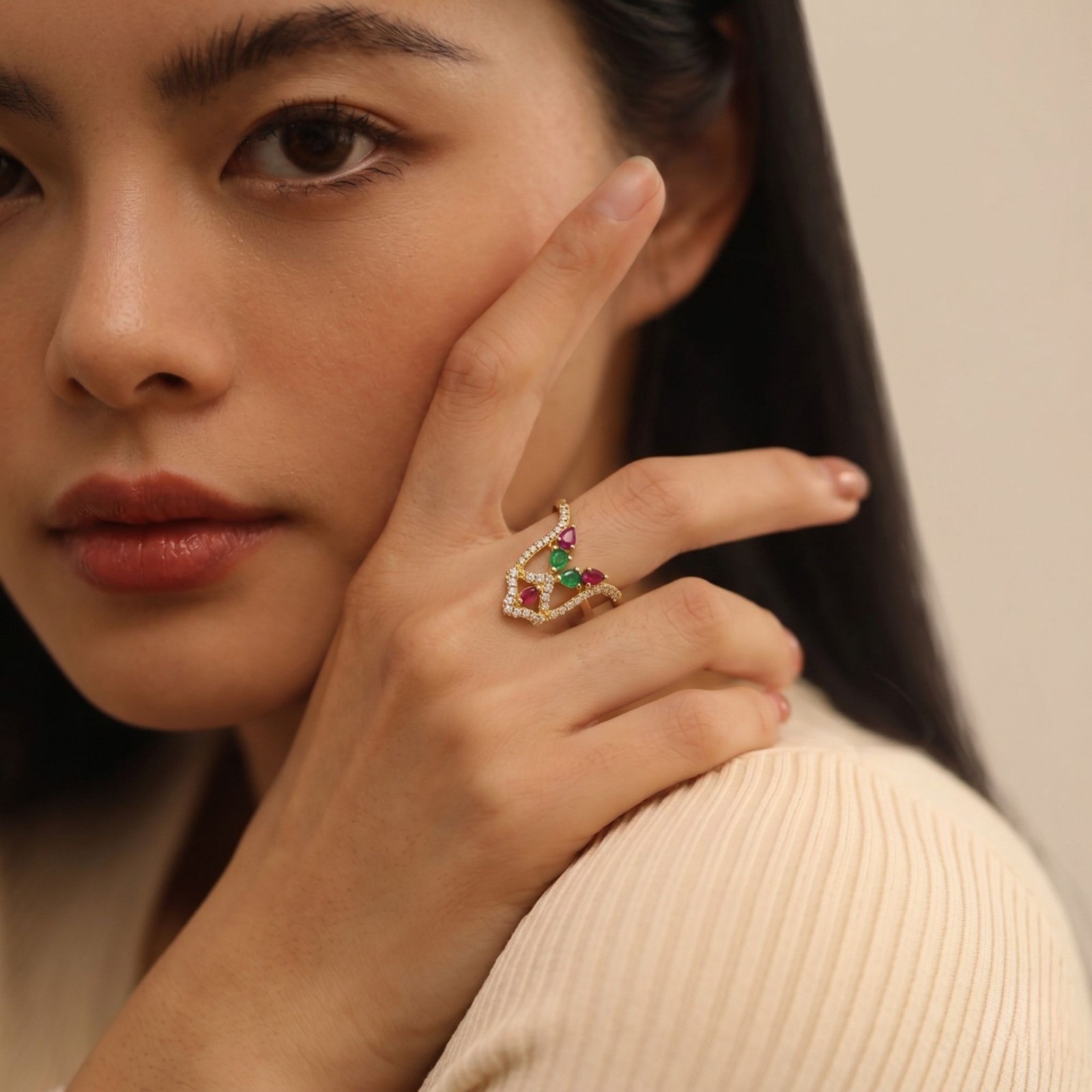 Gold Plated CZ Vanki Ring: Adjustable Indian Design