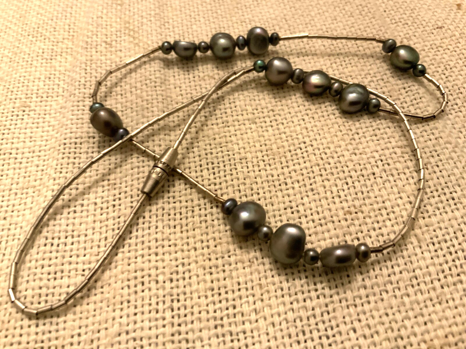 Vintage Sterling sterling necklace Peacock cultured pearl oil slick liquid chain