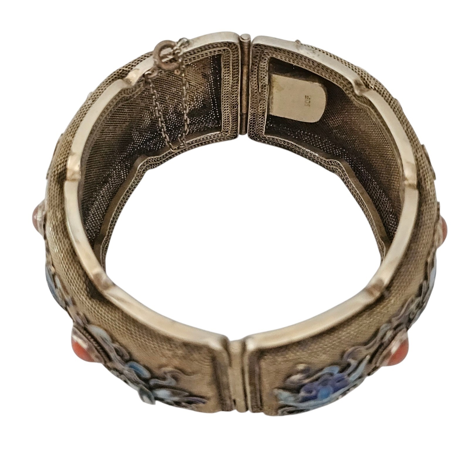 Vintage Chinese Export Bracelet Enamel Gilded Silver Mesh Filigree Coral