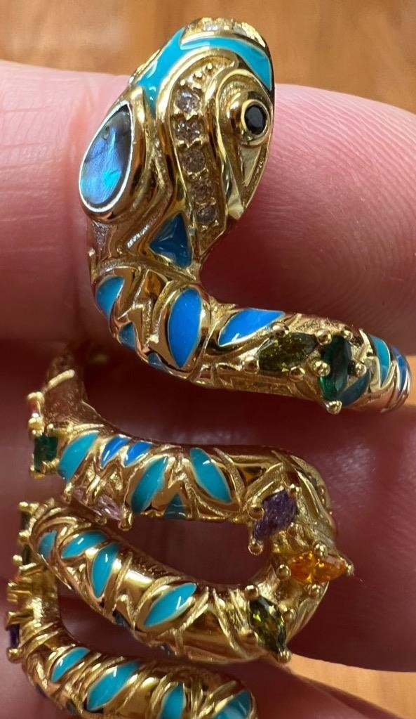 REAL Gemstones 14K Gold on SOLID 925 Snake Ring wrap Egyptian Rev Yellow gf